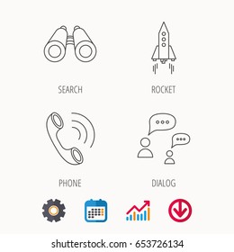 Phone call, chat speech bubble and binoculars icons. Rocket linear sign. Calendar, Graph chart and Cogwheel signs. Download colored web icon. Vector