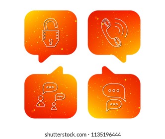 Phone call, chat speech bubbles and lock icons. Dialog linear sign. Orange Speech bubbles with icons set. Soft color gradient chat symbols. Vector
