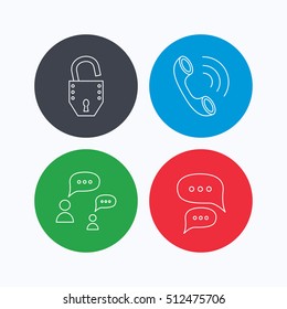 Phone call, chat speech bubbles and lock icons. Dialog linear sign. Linear icons on colored buttons. Flat web symbols. Vector