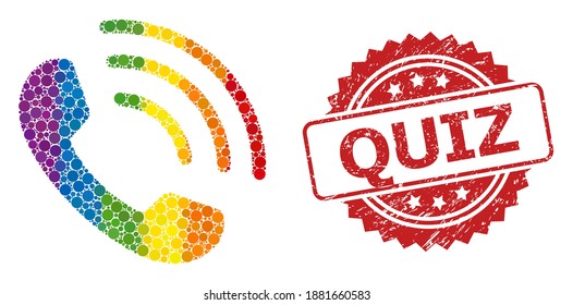 Icono de collage de llamadas telefónicas de elementos esféricos de tamaños variables y tintes de color de color de la comunidad LGBT, y imitación de sellos de rosette de prueba. Una llamada telefónica de puntos de color LGBT para lesbianas, gays, transgéneros,