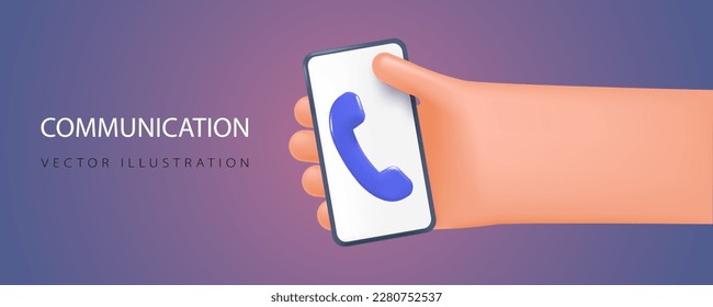 Phone call concept banner in realistic 3d style. Bell ringing, message or phone call, phone in the user hand.