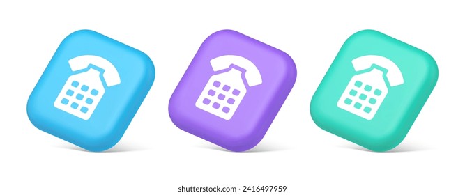 Phone call contact communication web button helpline hotline 3d realistic blue purple and green icons. Telephone connection user interface hotline customer support information center