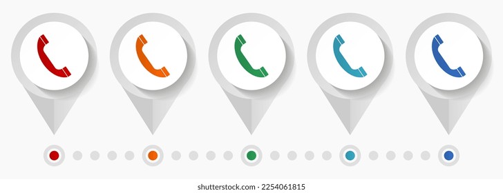 Teléfono, llamada, iconos de vector de concepto de contacto, plantilla infográfica editable, conjunto de punteros de diseño plano coloridos