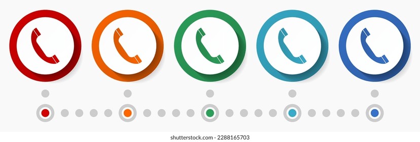 Phone, call, contact concept vector icon set, flat design colorful buttons, infographic template in 5 color options