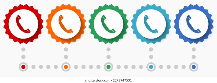 Phone, call, contact vector icon set, colorful infographic template, set of flat design badge icons in 5 color options
