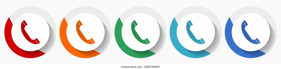 Phone, call, contact vector icon set, flat design colorful round icons in 5 color options for webdesign and mobile applications