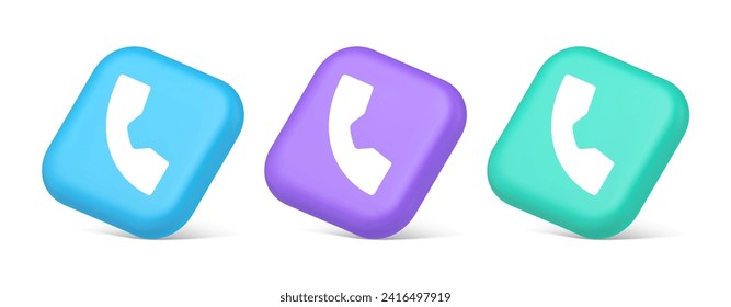 Phone call contact voice communication button web application design 3d realistic blue purple and green icons. Handset helpline cell telephone connection internet service element