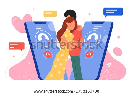 Phone call dating vector illustration. Cartoon flat happy young couple characters standing together, hugging, boyfriend girlfriend on virtual smartphone date, love and relationship isolated on white