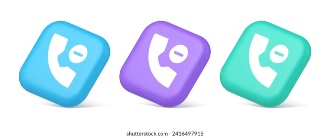 Phone call delete contact communication button remotely voice conversation web interface app 3d realistic blue purple and green icons. Telephone operation info handset with minus sign