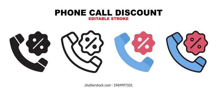 Phone Call Discount icon set with different styles. Icons designed in filled, outline, flat, glyph and line colored. Editable stroke and pixel perfect. Can be used for web, mobile, ui and more.