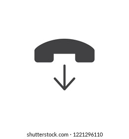Phone call end vector icon. filled flat sign for mobile concept and web design. Telephone handset and arrow down simple solid icon. Symbol, logo illustration. Pixel perfect vector graphics