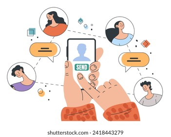 Phone call group chat mobile communication gadget abstract concept. Vector graphic design illustration