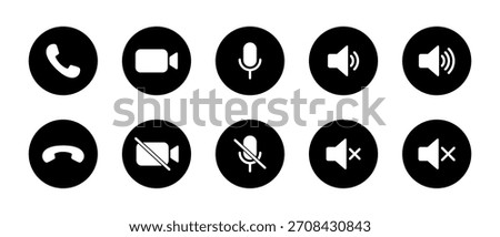 Phone call, hang up, record mic, mute, speaker volume, and silent icon in black circle. Communication element symbol