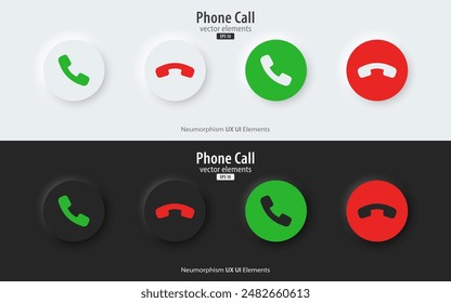 Phone call icon accept and decline icons. black and white buttons with accept and decline symbols. Phone call. Telephone sign. Neumorphism style, UI UX design, Vector illustration.