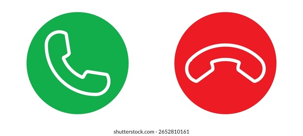 Phone call icon accept and decline. Icons depict the option to accept or decline phone call with red and green buttons. Phone icon. Answer and hang up the phone icon. Accept and decline incoming call 