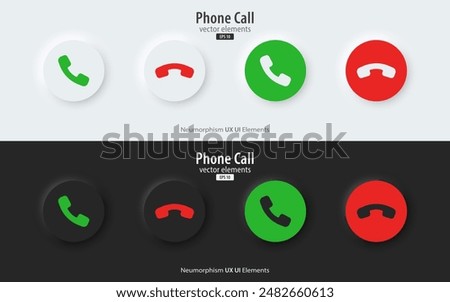 Phone call icon accept and decline icons. black and white buttons with accept and decline symbols. Phone call. Telephone sign. Neumorphism style, UI UX design, Vector illustration.