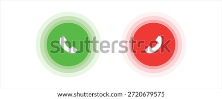 Phone call icon accept and decline. Icons depict the option to accept or decline phone call with red and green buttons. Phone icon. Answer and hang up the phone icon. Accept and decline incoming call 