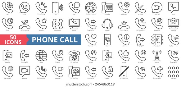 Phone call icon collection set. Containing chat, ringing, dial, telephone receiver, add contact, timer, favorite icon. Simple line vector.