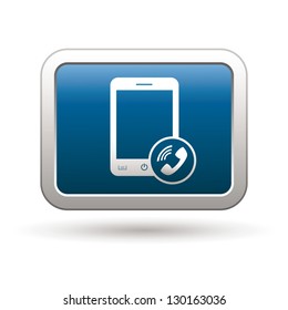 Phone with call icon on the blue with silver rectangular button. Vector illustration