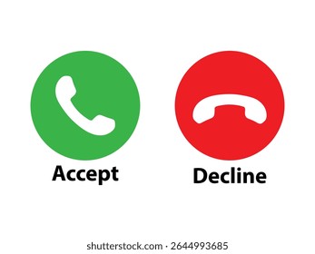 Ícone de telefonema definido. Botões Atender e Rejeitar Chamada. Ícones verdes e vermelhos com formas de monofone.
