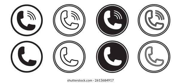 Phone call icon set in Black Circle on white background. Telephone Contact Icon symbol set. Vector illustration.