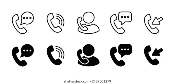 Phone call icon set. Containing ringing phone, answer, voice message or voicemail, telephone incoming call, contact us. Vector illustration