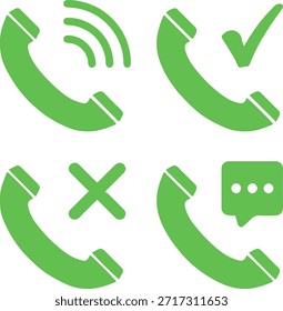 Telefonanruf-Symbolsatz, flacher Vektor-Telefonhörer und Kommunikationssymbole in grüner Farbe