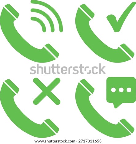 phone call icon set, flat vector telephone handset and communication symbols in green color