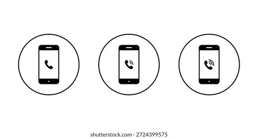 Icono de llamada telefónica establecido en la pantalla del teléfono inteligente. Símbolo de llamada entrante y Estado de timbre en contorno circular