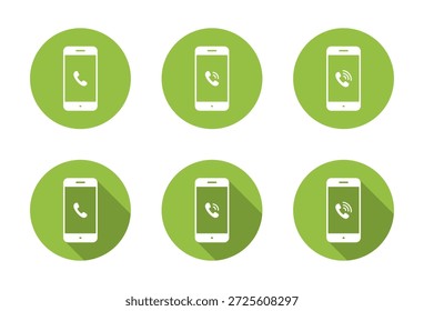 Ícone de telefonema definido na tela do smartphone. Chamada recebida e símbolo de status de toque com sombra longa