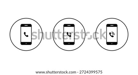 Phone call icon set on smartphone screen. Incoming call and ringing status symbol in circular outline