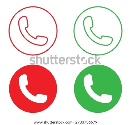 Phone call icon set showing incoming and outgoing call symbols in red, green, and black rounded buttons for mobile interface use.