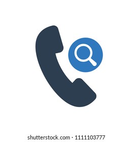 Phone call icon, technology icon with research sign. Phone call icon and explore, find, inspect symbol. Vector illustration