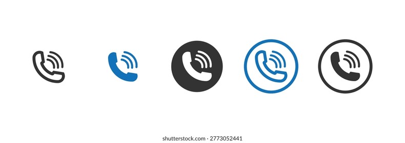 Phone call icon. Telephone icon. Calling and incoming communication symbol. Set of phone icon variations in different styles, telephone sign set, calling sign, black call sign, Vector illustration. Phone call and incoming communication icon set.