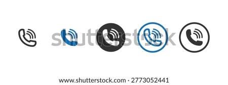Phone call icon. Telephone icon. Calling and incoming communication symbol. Set of phone icon variations in different styles, telephone sign set, calling sign, black call sign, Vector illustration. Phone call and incoming communication icon set.