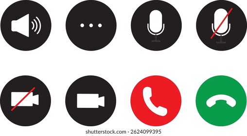Telefonanruf-Symbol-Vactorsatz. Symbolschaltflächen für das Mikrofon-Mikrofon. Stummschaltung eines Mikrofons. Illustration für Videoanrufzeichen
