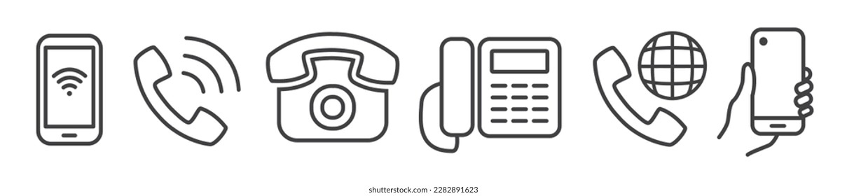 Ilustración del vector de icono de teléfono y llamada. Conjunto editable de línea delgada Colección de símbolos de teléfono móvil y teléfono móvil aislado en fondo blanco