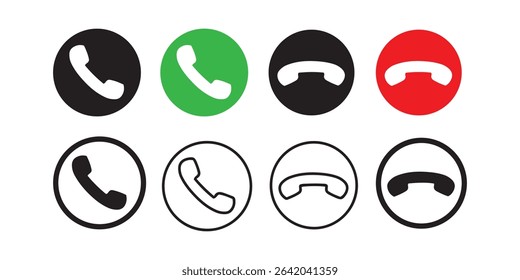 phone call icon vector. mobile cell answer symbol. dial internet button graphic illustration. isolated on white background. red green circle. receive contact decline. handset shape.