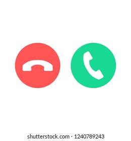 Phone call icons. Accept call and decline button. Green and red buttons with handset silhouettes. Vector icons set isolated on white background