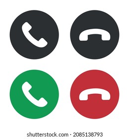 Iconos de llamadas telefónicas. Aceptar el botón de llamada y declinación. Botones verdes y rojos con siluetas de teléfono. Ilustración del vector