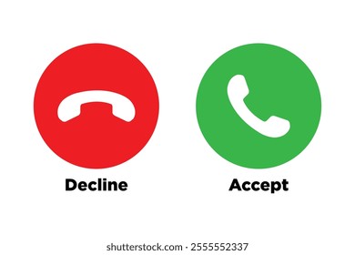 Phone call icons. Accept call and decline button. Green and red buttons with handset silhouettes.