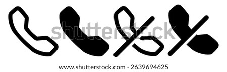 Phone Call Icons Set. Call, End Call, Mute. Black Symbols on Transparent Background