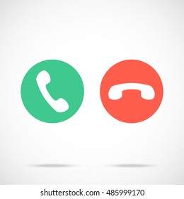 Phone call icons set. Flat design red and green handset pictograms. Vector illustration isolated on trendy background