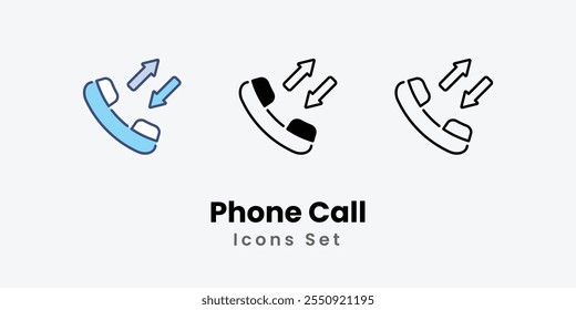 Conjunto de iconos de llamada telefónica línea delgada e ilustración de icono de Vector de glifo