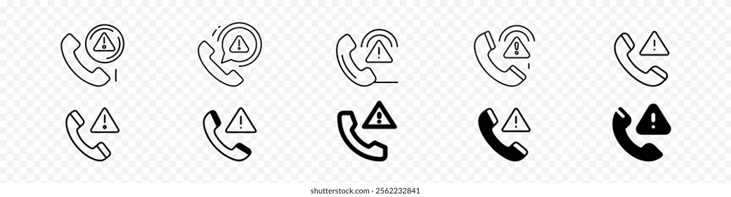 Phone call icons with warning sign.  phone calling with handset and attention sign. Icon of voice phishing. No Phone Calls, Incoming scam phone call warning displayed