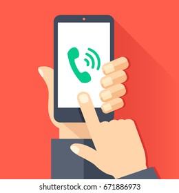 Phone Call, Incoming Call, Answer, Ringing Phone Concepts. Hand Holding Smartphone With Green Handset Icon And Waves, Finger Touching Screen. Modern Flat Design Graphic Elements. Vector Illustration