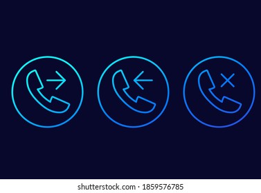 phone call, incoming, outgoing, missed line vector icons