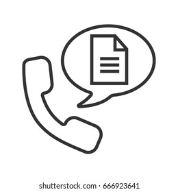 Phone call for instructions linear icon. Thin line illustration. Handset with document inside speech bubble. Contour symbol. Vector isolated outline drawing
