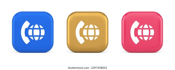 Phone call international global communication button cyberspace dialogue conversation 3d realistic blue gold and pink icons. Telephone internet connection digital consulting service
