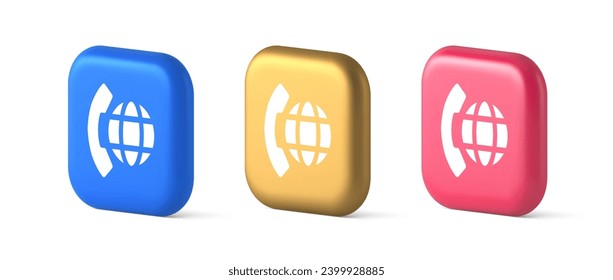 Phone call international global communication button cyberspace dialogue conversation 3d realistic blue gold and pink icons. Telephone internet connection digital consulting service